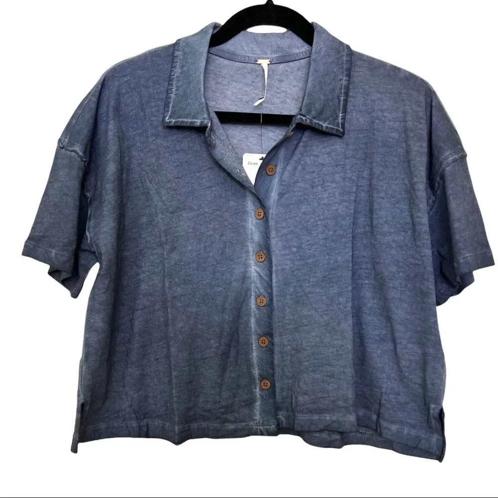 Free People Weekend Rush Short Sleeve Top Navy - Size XS
